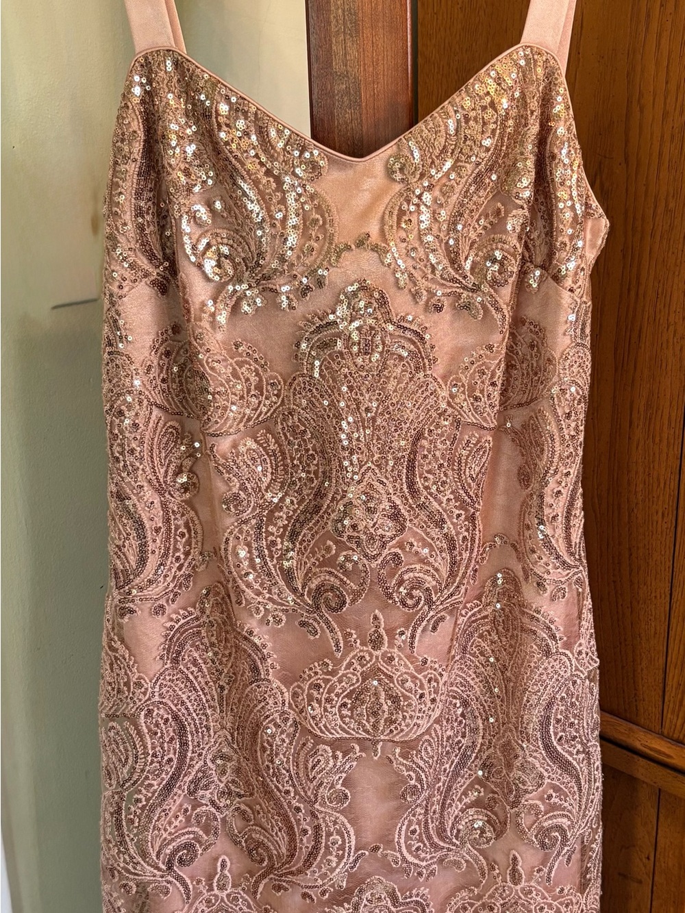 R&M Richards Blush Pink Sequin Lace Strapless Sheath Dress